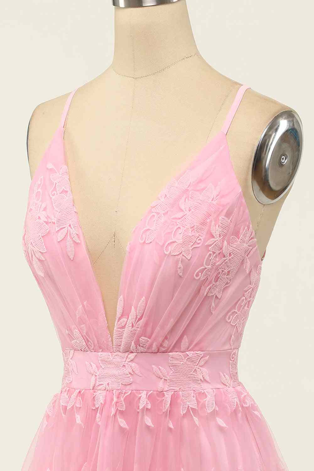 A-line Deep V Neck Crossed Back Embroidery Mini Homecoming Dress