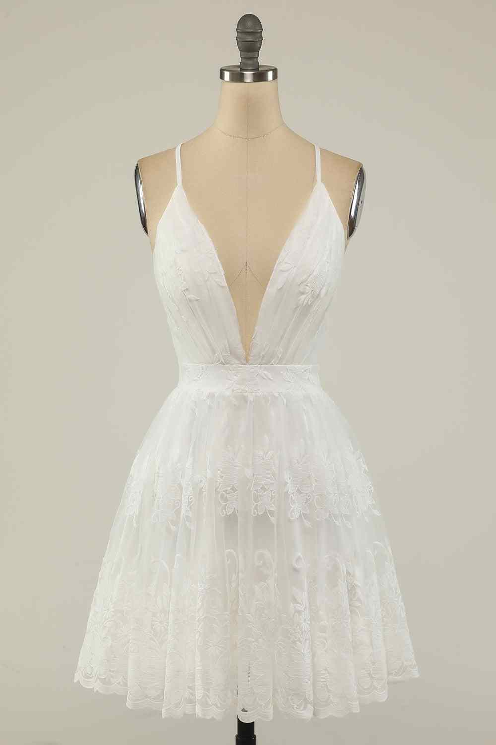 A-line Deep V Neck Crossed Back Embroidery Mini Homecoming Dress