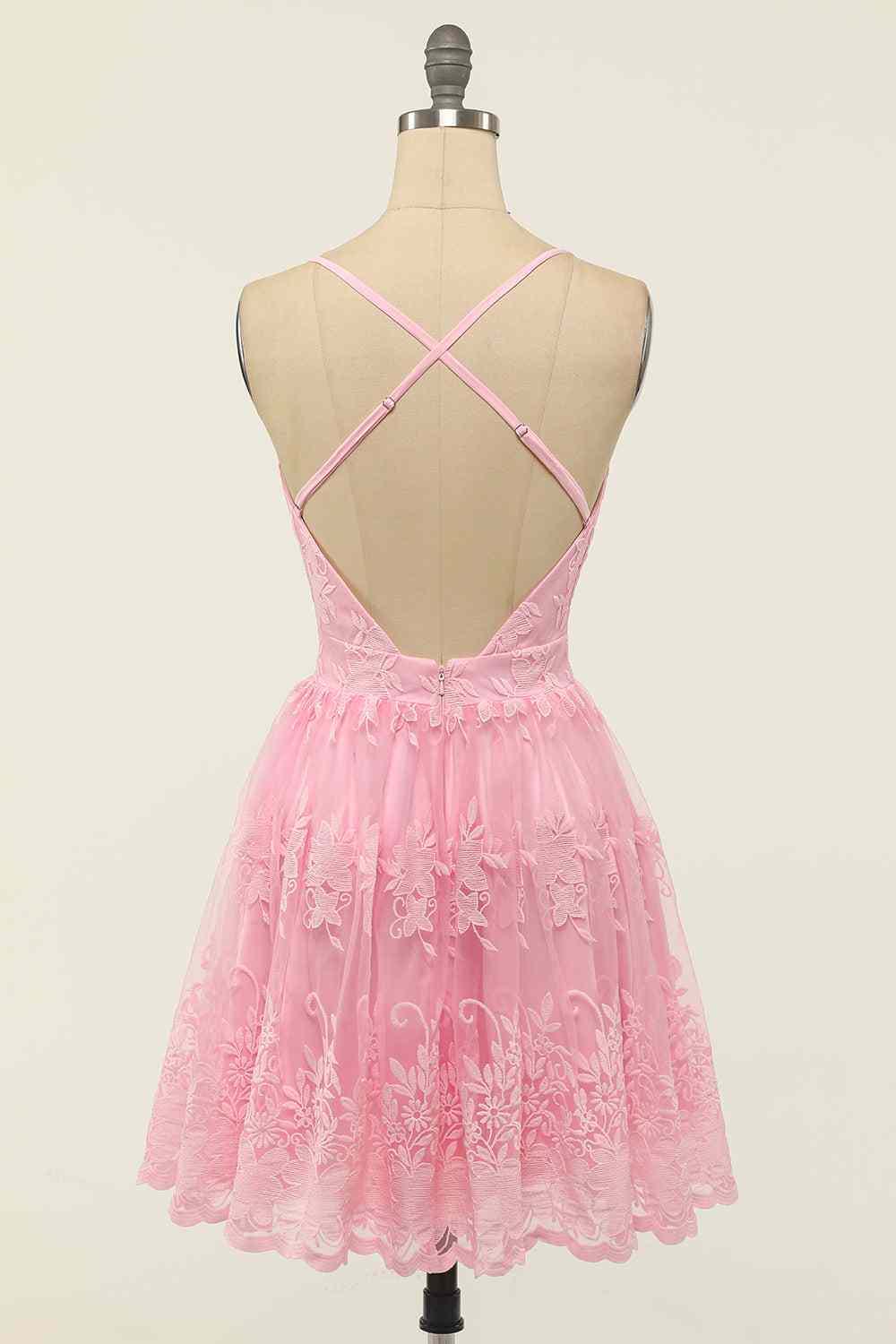 A-line Deep V Neck Crossed Back Embroidery Mini Homecoming Dress