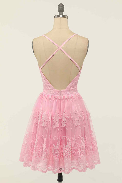 A-line Deep V Neck Crossed Back Embroidery Mini Homecoming Dress