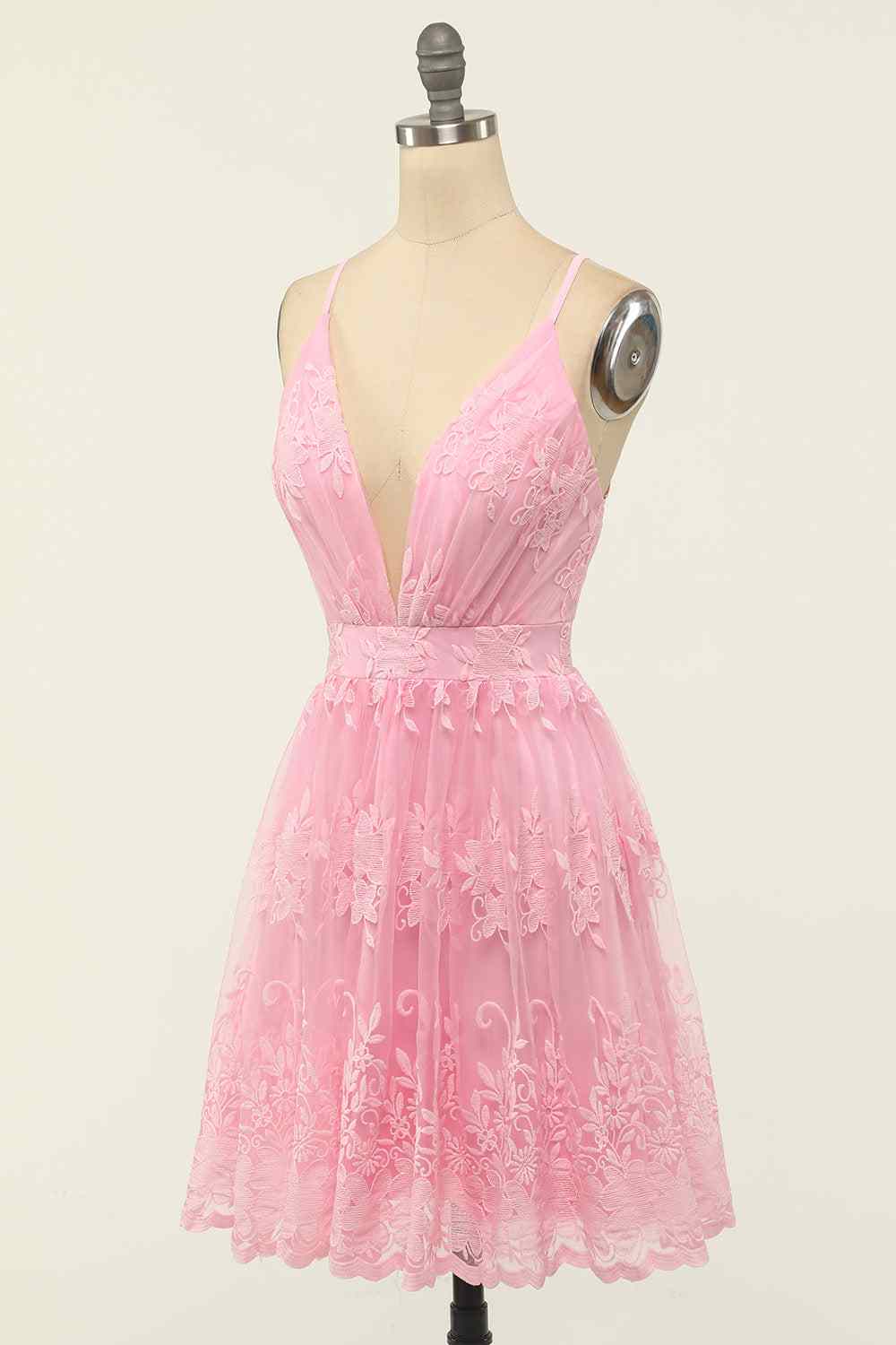 A-line Deep V Neck Crossed Back Embroidery Mini Homecoming Dress
