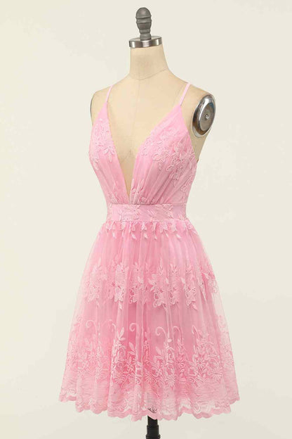 A-line Deep V Neck Crossed Back Embroidery Mini Homecoming Dress