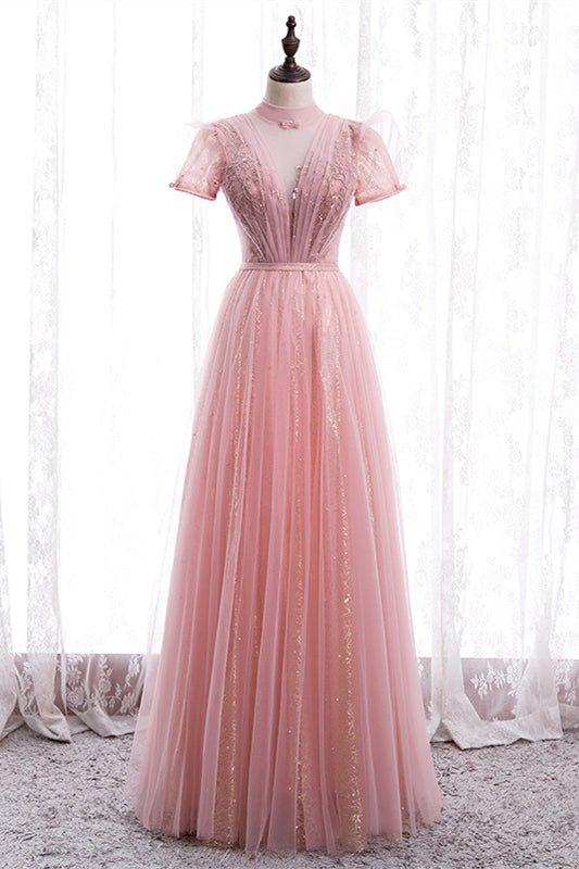 Tulle A-Line Short Sleeves Empire Maxi Party Prom Dress