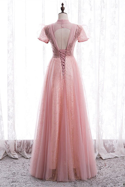 Tulle A-Line Short Sleeves Empire Maxi Party Prom Dress