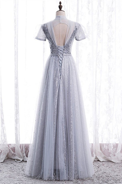 Tulle A-Line Short Sleeves Empire Maxi Party Prom Dress