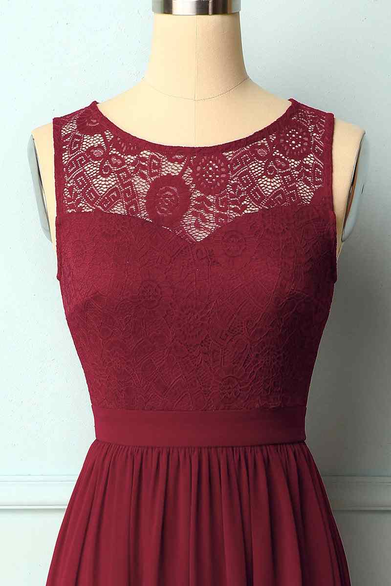 A-line Illusion Lace Neck Chiffon Long Bridesmaid Dress
