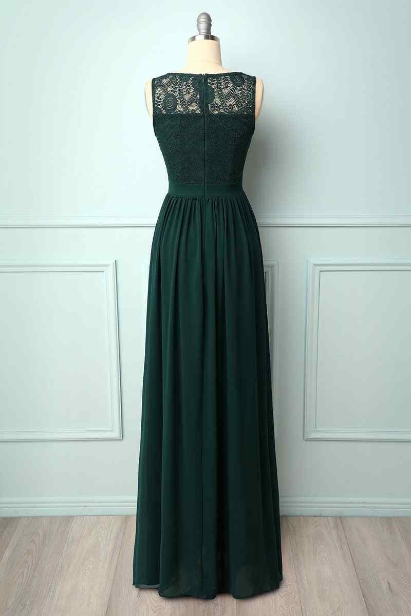 A-line Illusion Lace Neck Chiffon Long Bridesmaid Dress