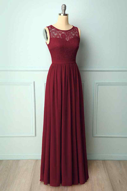 A-line Illusion Lace Neck Chiffon Long Bridesmaid Dress
