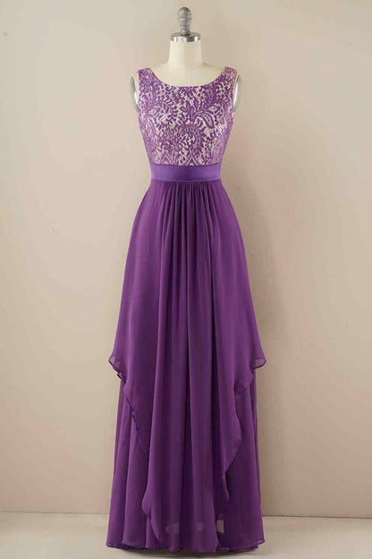A-line Jewel Lace V Back Chiffon Hi-Low Bridesmaid Dress