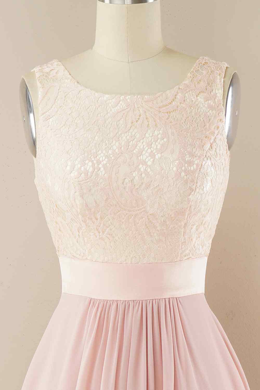 A-line Jewel Lace V Back Chiffon Hi-Low Bridesmaid Dress