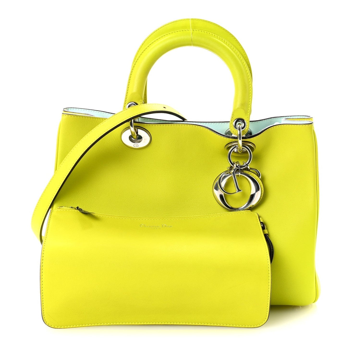 Smooth Calfskin Medium Diorissimo Tote Neon Yellow Light Blue