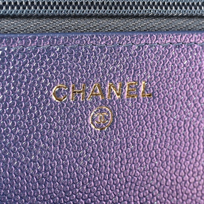 Iridescent Caviar Quilted Wallet on Chain WOC Dark Blue