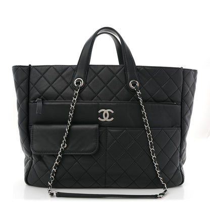 Calfskin Quilted Ultra Pocket Shopping Tote Black