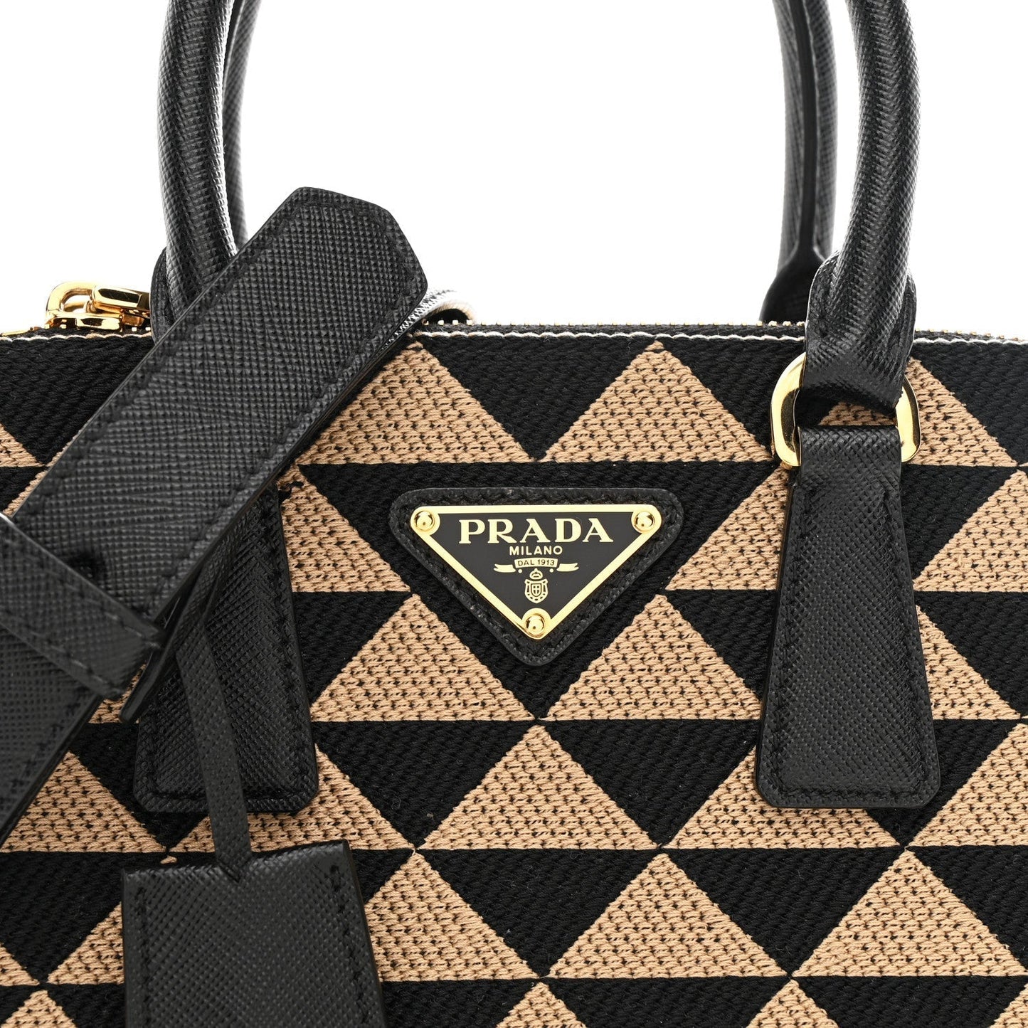 Jacquard Saffiano Triangolo Symbole Embroidered Mini Galleria Double Zip Tote Black Corda