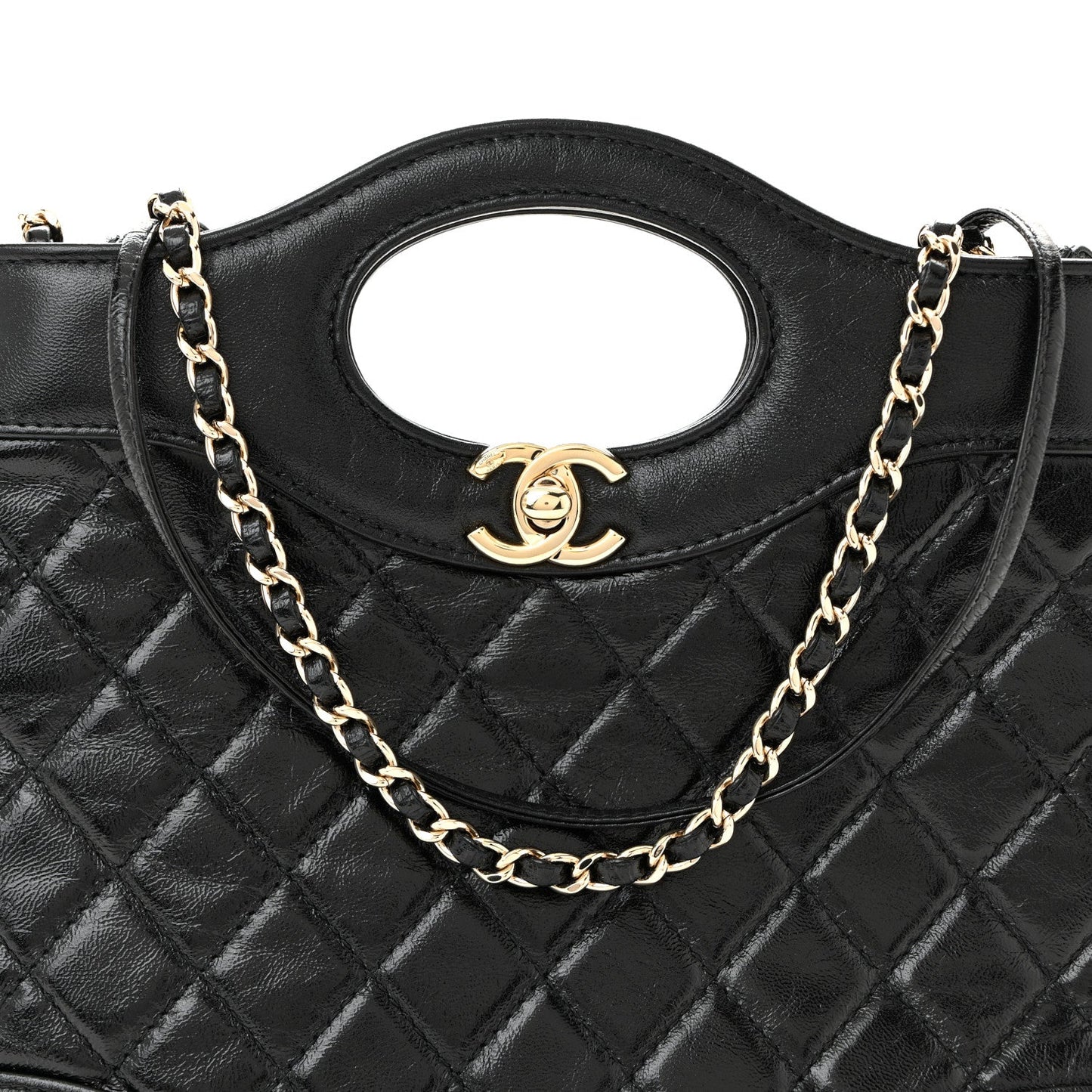 Shiny Crumpled Calfskin Quilted Mini 31 Shopping Bag Black