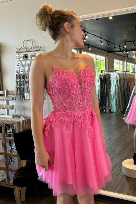 Strapless Lace Appliques Sheer Short Homecoming  Dress