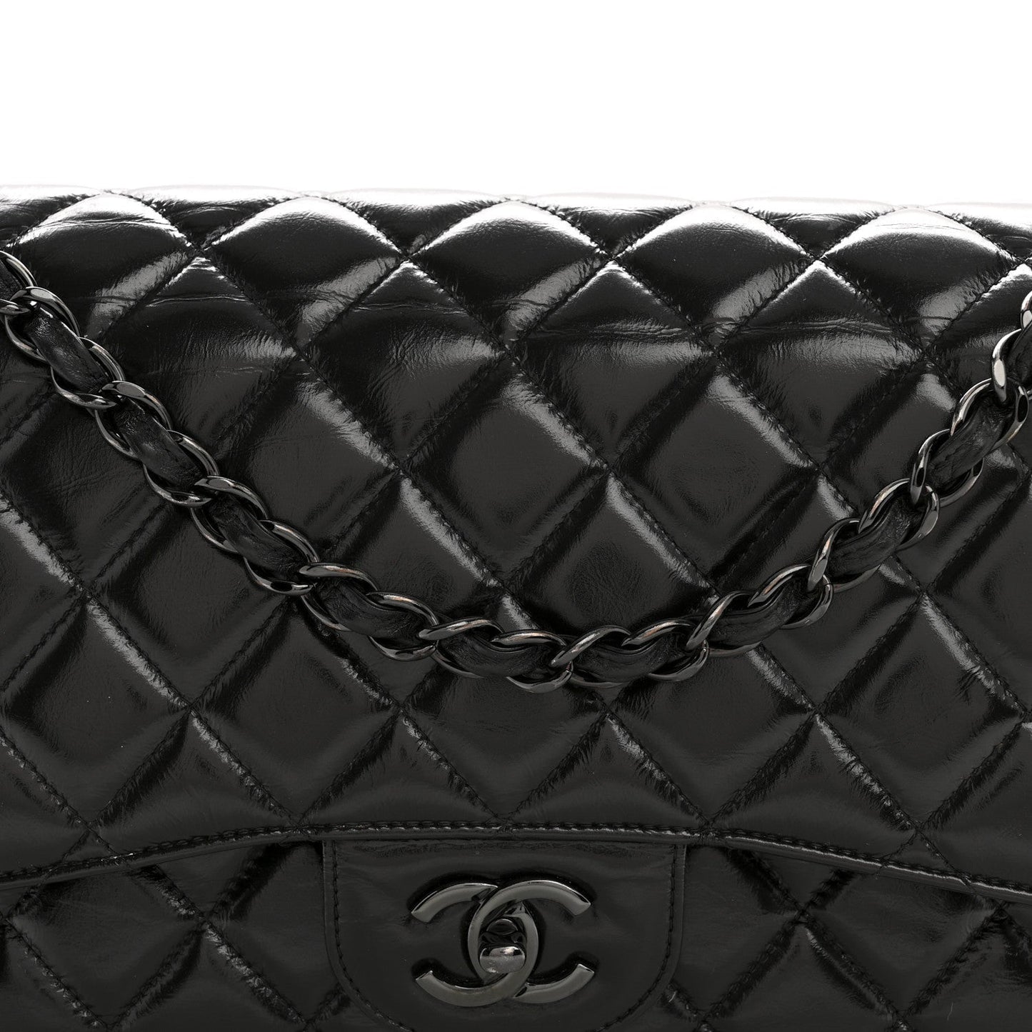 Shiny Crumpled Calfskin Quilted Jumbo Double Flap So Black