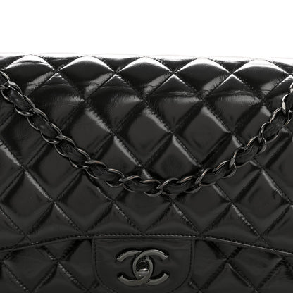 Shiny Crumpled Calfskin Quilted Jumbo Double Flap So Black