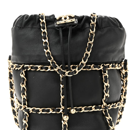 Lambskin Bucket Chain Drawstring Bag Black