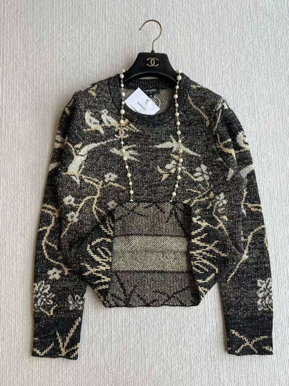 CC Sweater in Navy Blue Gold Wool and Metal Film