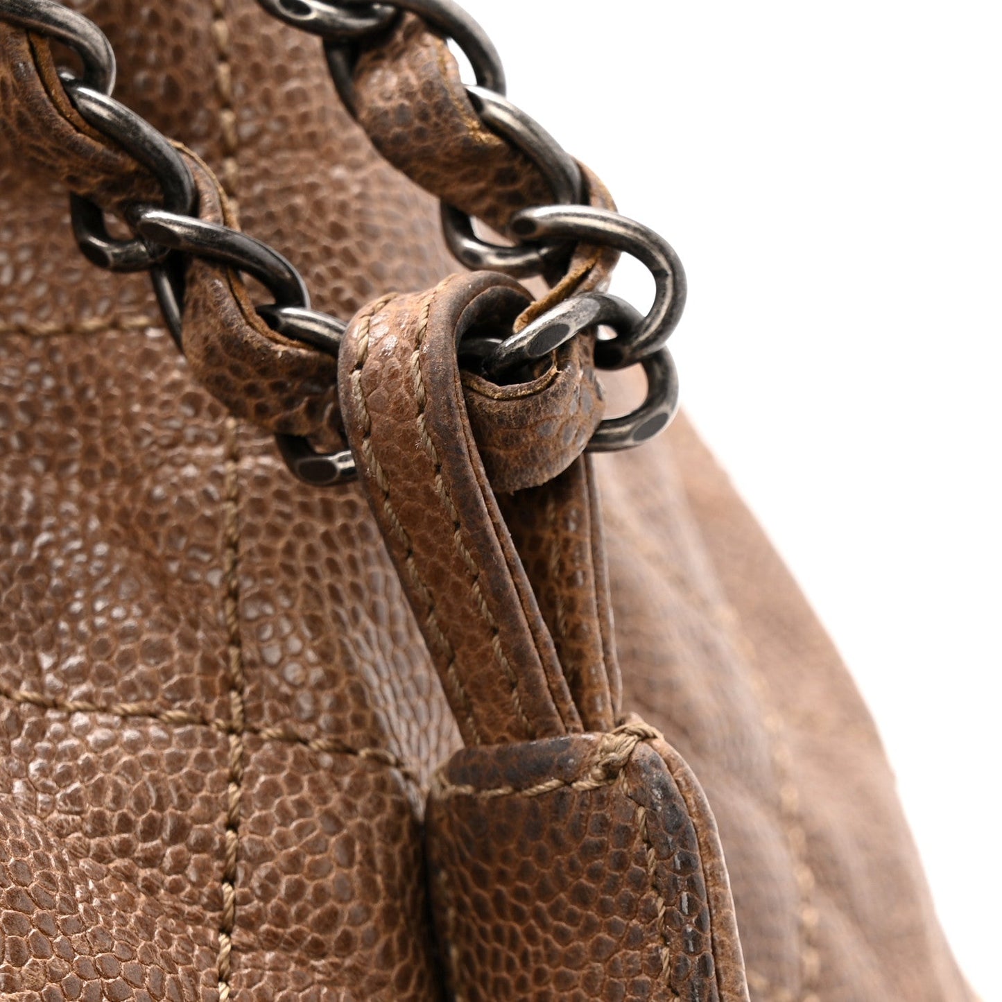 Distressed Glazed Caviar Quilted Large Elastic Tote Brown