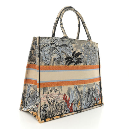 Canvas Embroidered Toile De Jouy Tropicalia Large Book Tote Denim Blue