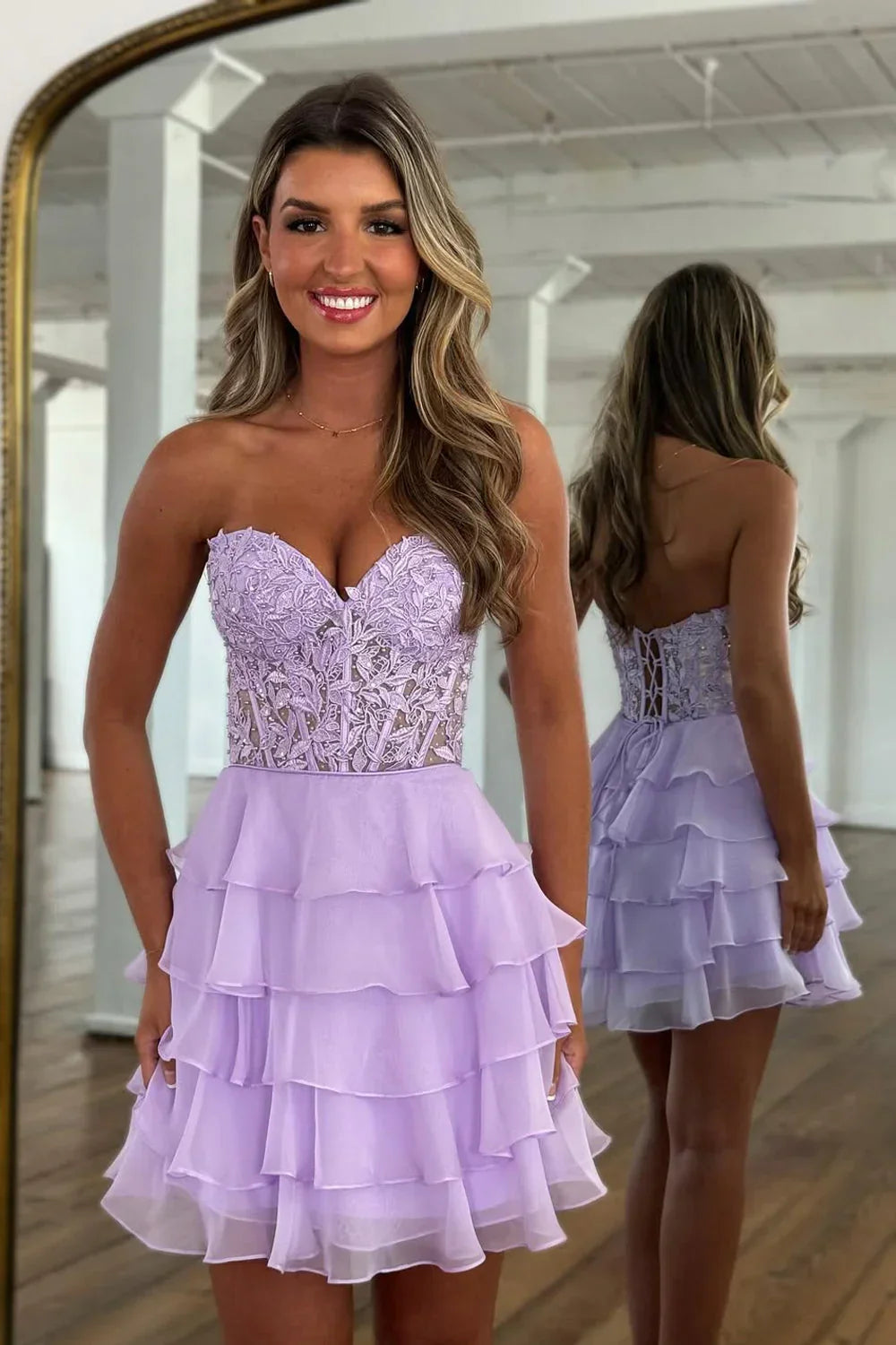 Strapless Blue Sheer Corset A-Line Ruffle Homecoming Dress