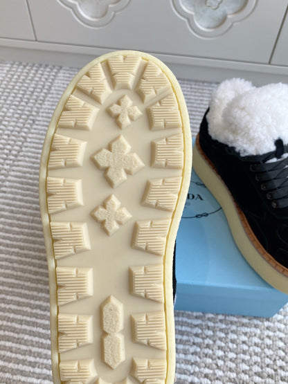 Prada Mid-Top Sneakers Black Suede White Shearing 564154