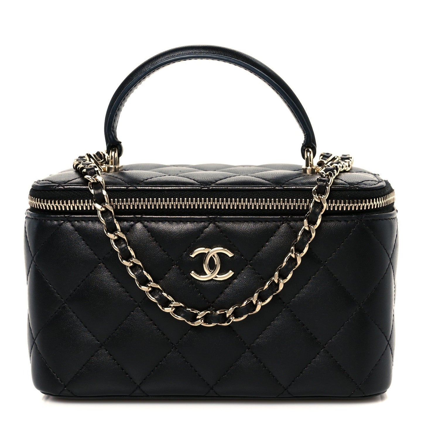 Lambskin Quilted Small Top Handle Vanity Case With Chain Black