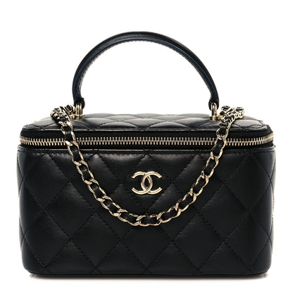 Lambskin Quilted Small Top Handle Vanity Case With Chain Black