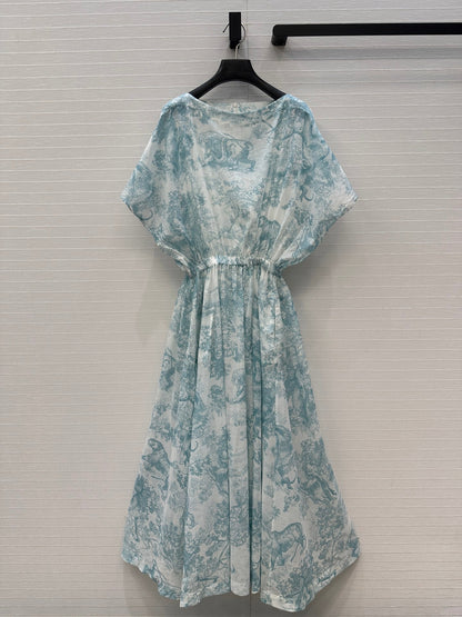 CD 25 Sauvage Jouy Boat Neck Dress Light Blue mix White Cotton