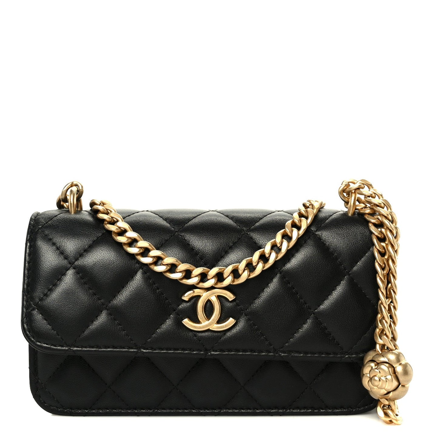 Lambskin Quilted Sweet Camellia Flap Phone Holder With Chain Black