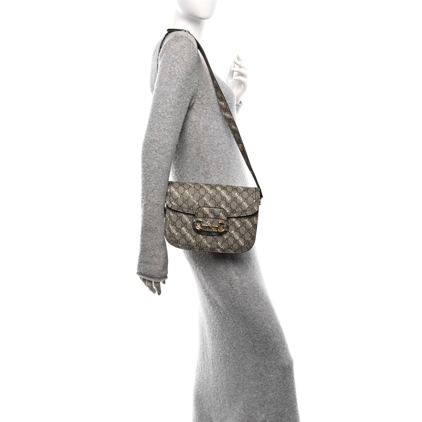 X BALENCIAGA GG Supreme Monogram Logo Print Horsebit 1955 Shoulder Bag Beige Ebony