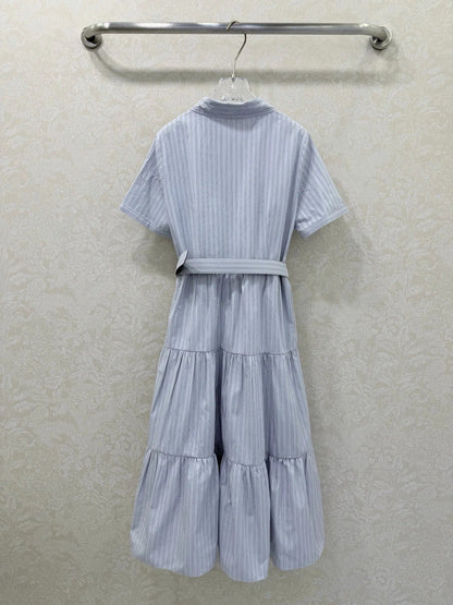 Miumiu 2026 Short-Sleeved Waist-Length Dress with Lapel Collar Blue Cotton 353015