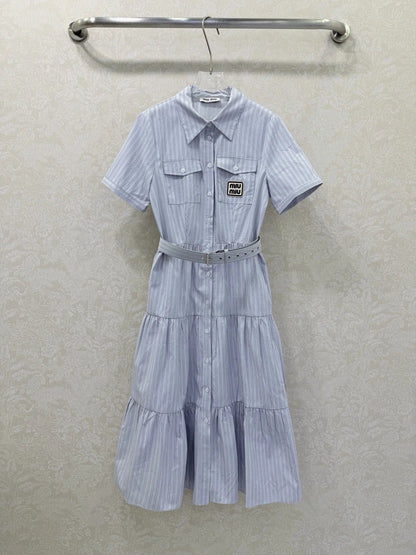 Miumiu 2026 Short-Sleeved Waist-Length Dress with Lapel Collar Blue Cotton 353015