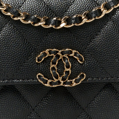 Caviar Quilted Double Chain Top Handle Flap With Chain Black