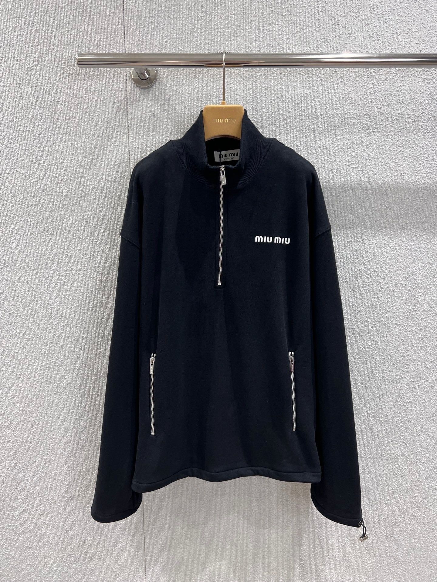 Miumiu 25FW Micro-logo Embroidered Half-zip Sweatshirt Black Cotton