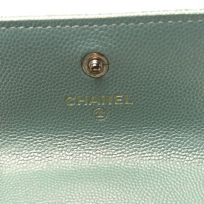 Iridescent Caviar Quilted Pearl On Top Coin Purse With Chain Light Green