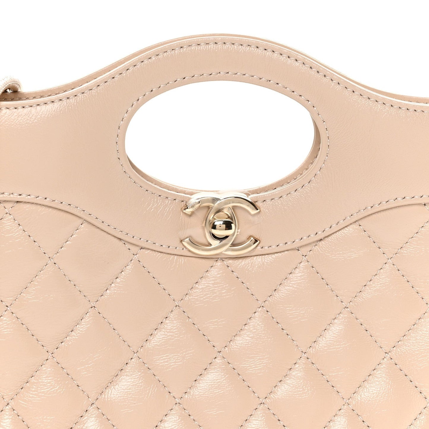 Shiny Crumpled Calfskin Quilted Mini 31 Shopping Bag Beige