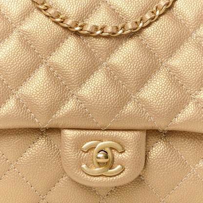 Metallic Caviar Quilted Clutch With Chain Flap Gold