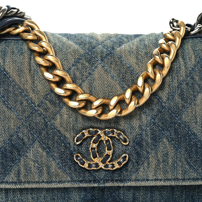 Denim Quilted Chanel 19 Wallet On Chain WOC Blue