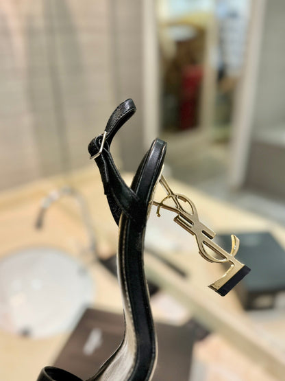 SL OPYUM SANDALS 80 BLACK AND GOLD CALFSKIN