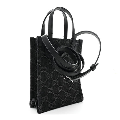 Denim GG Monogram Dollar Calfskin Mini Ophidia Tote Black Grey