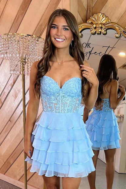 Strapless Blue Sheer Corset A-Line Ruffle Homecoming Dress