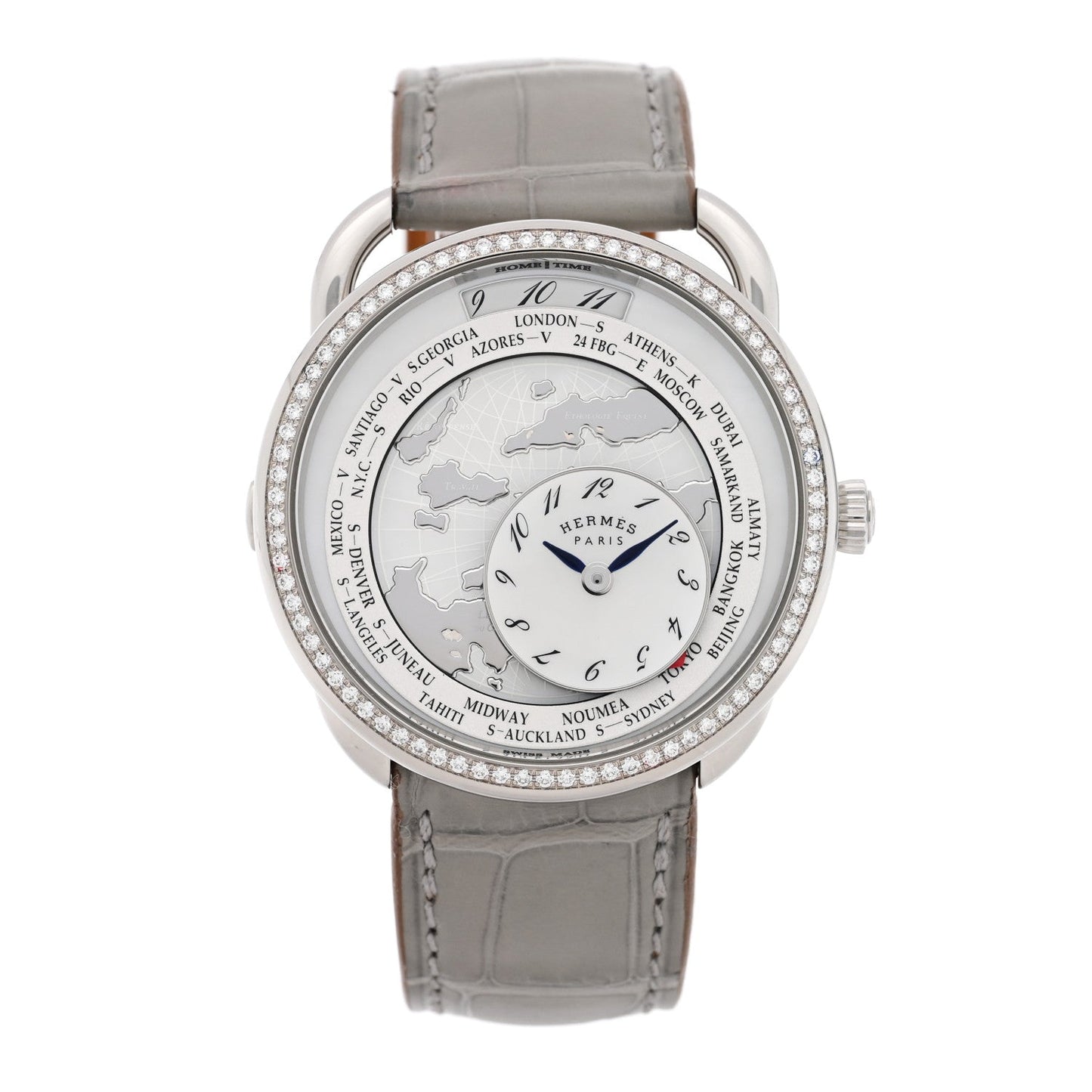 Stainless Steel Alligator Diamond Bezel Mother of Pearl 38mm Arceau Le Temps Voyageur Automatic Watch Gris Perle