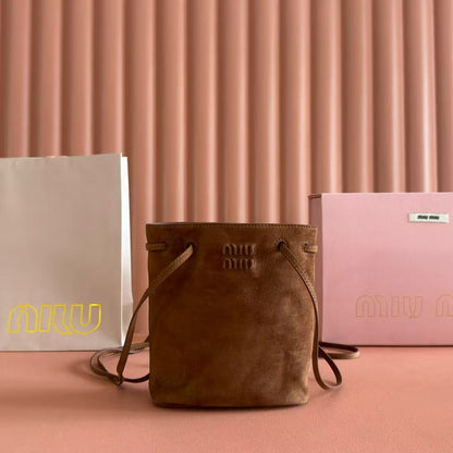 Miu Bucket Bag 14cm Brown Suede