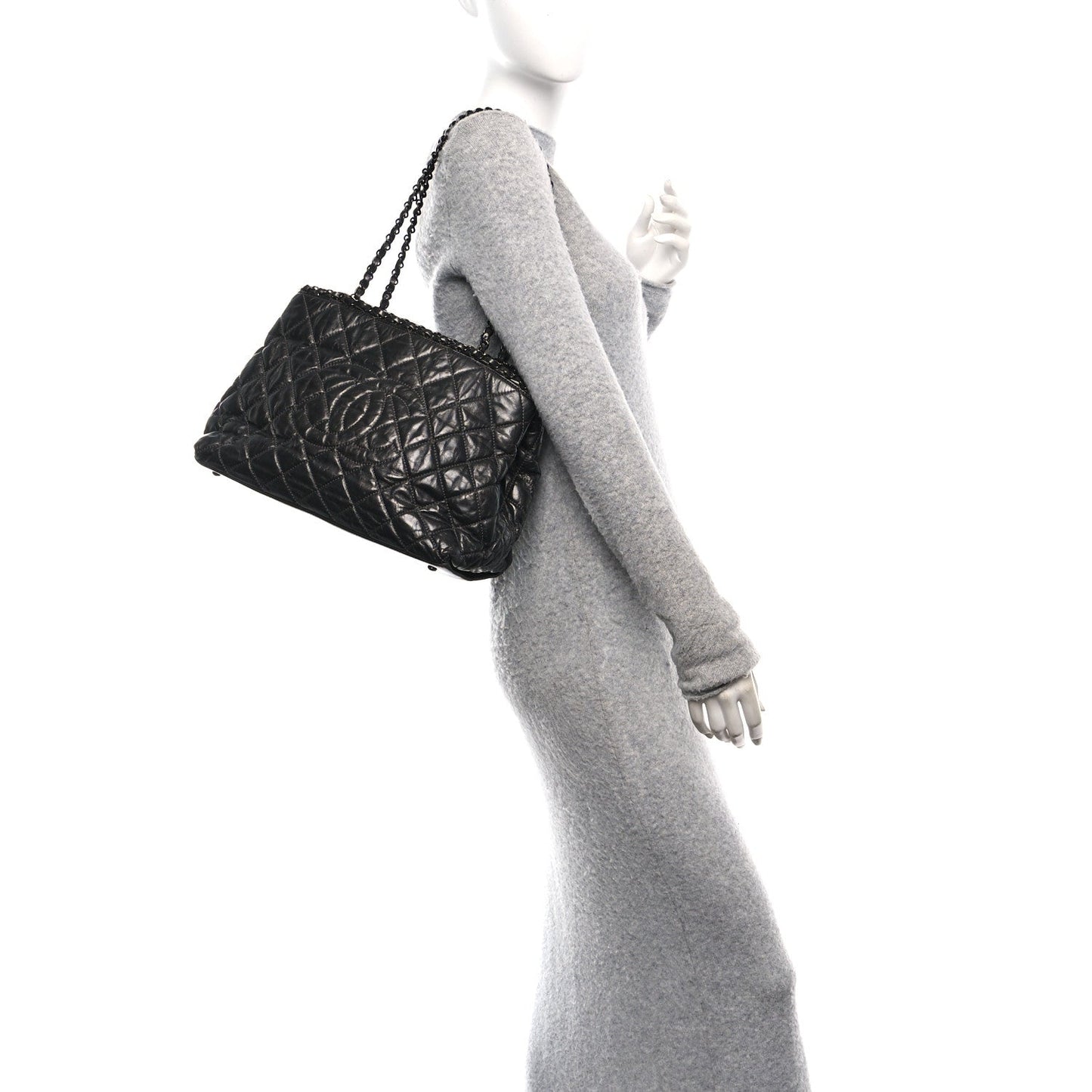 Metallic Aged Calfskin Quilted Small Chain Me Tote Dark Silver