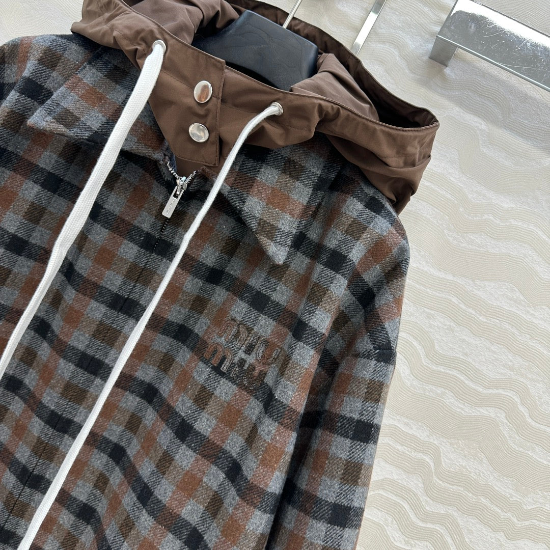 Miumiu Faux Two-Piece Detachable Hood Plaid Jacket Brown Polyester