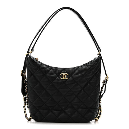 Lambskin Quilted Maxi Hobo Black