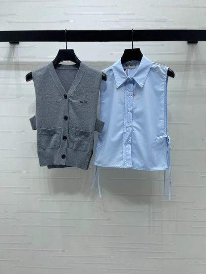 Miumiu 2026 V-neck Vest With Polo Collar Sleeveless Shirt Two-piece Set 356464